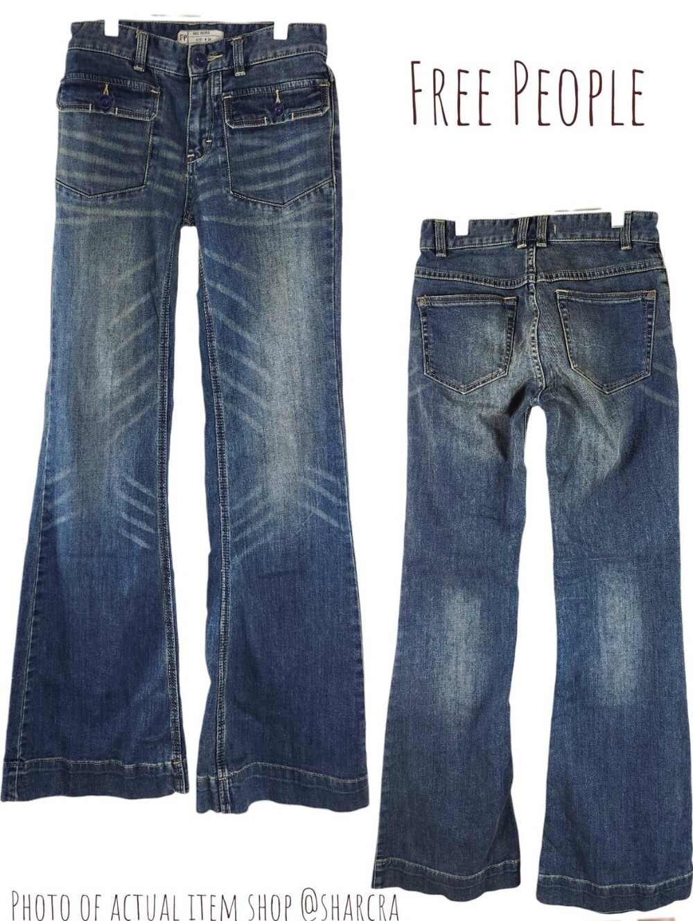 Free people women flared stretch wide cuff distressed indigo wash denim jeans 24